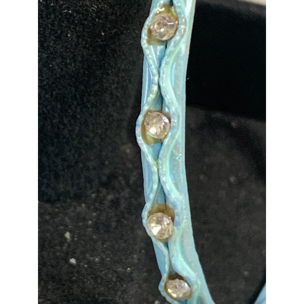 Light Blue Enamel Rhinestone Bangle Bracelet Slim Textured Stacking Band - Picture 4 of 7